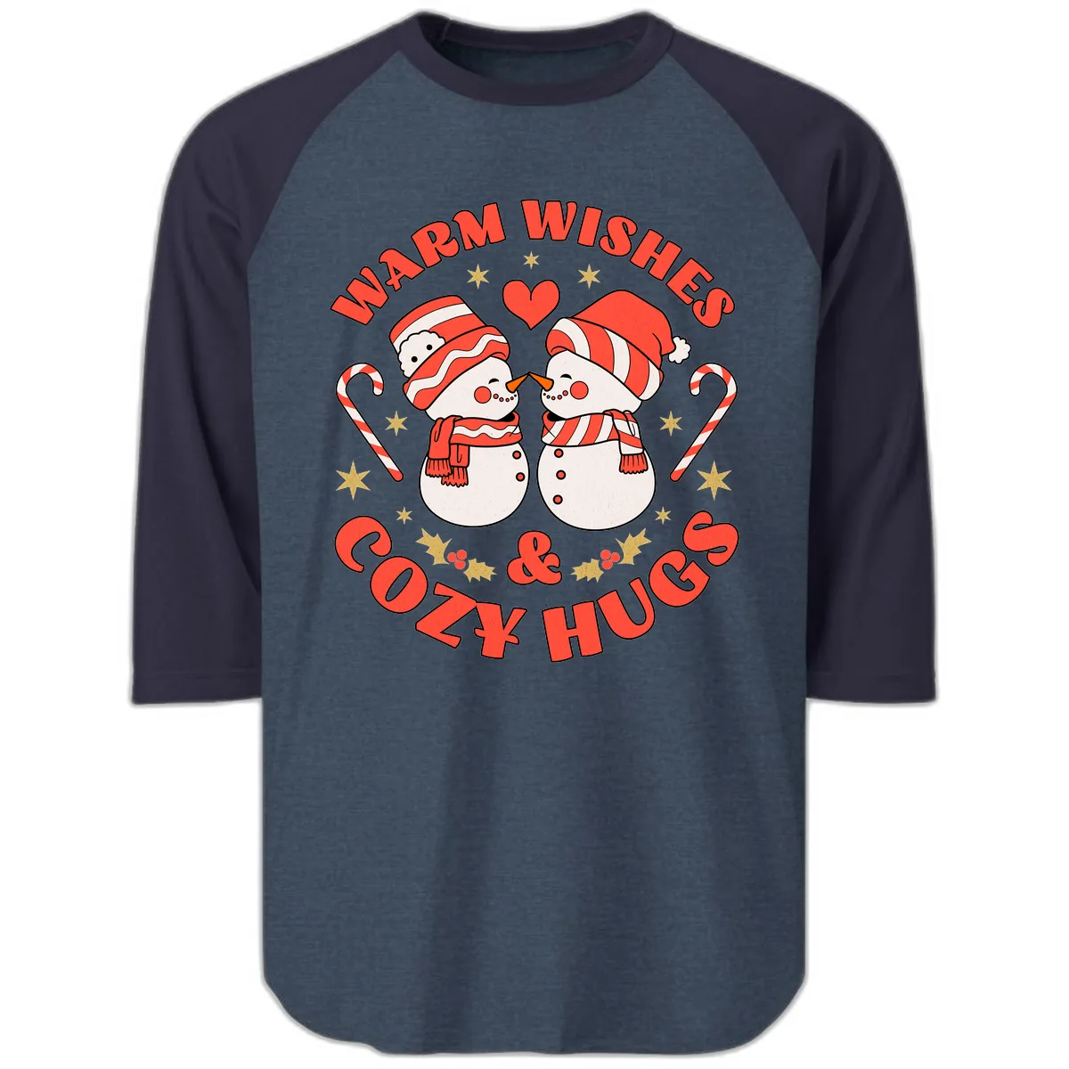 Snowmen Kissing Warm Wishes Cozy Hugs Raglan 3/4 in Heather Denim Navy
