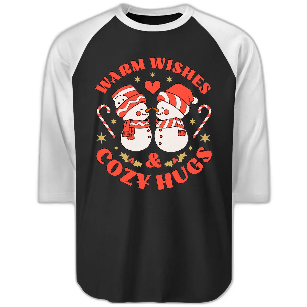 Snowmen Kissing Warm Wishes Cozy Hugs Raglan 3/4 in Black White