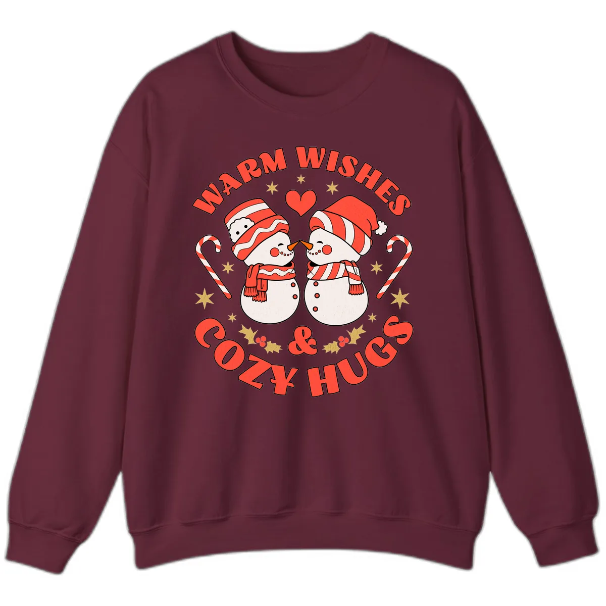 Snowmen Kissing Warm Wishes Cozy Hugs Sweatshirt in Maroon