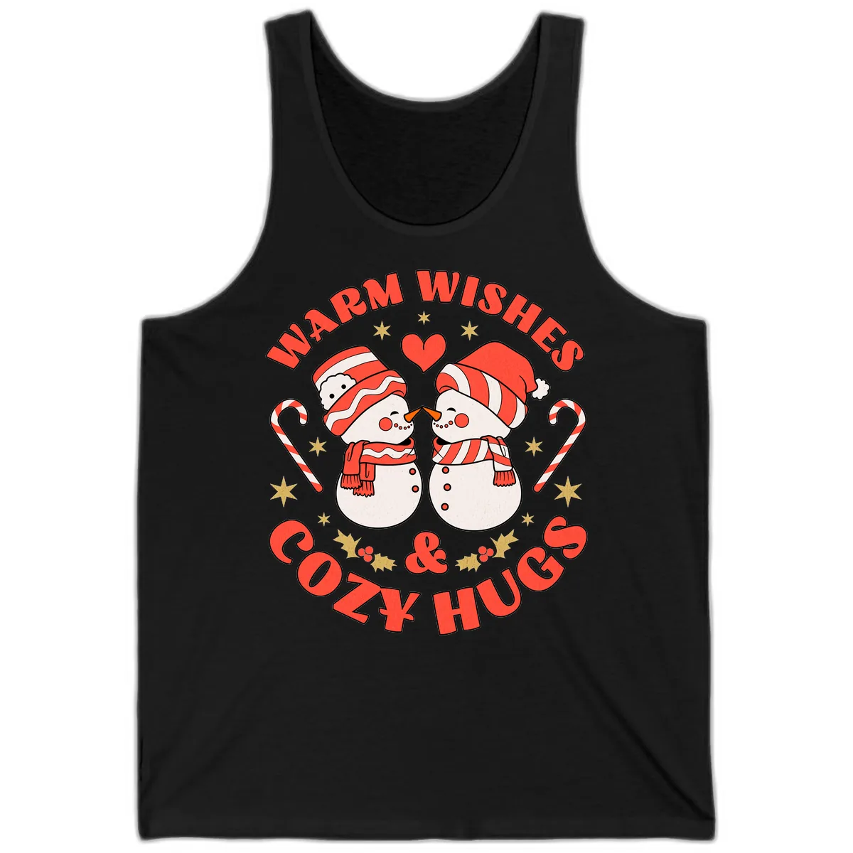 Snowmen Kissing Warm Wishes Cozy Hugs Tank in Black