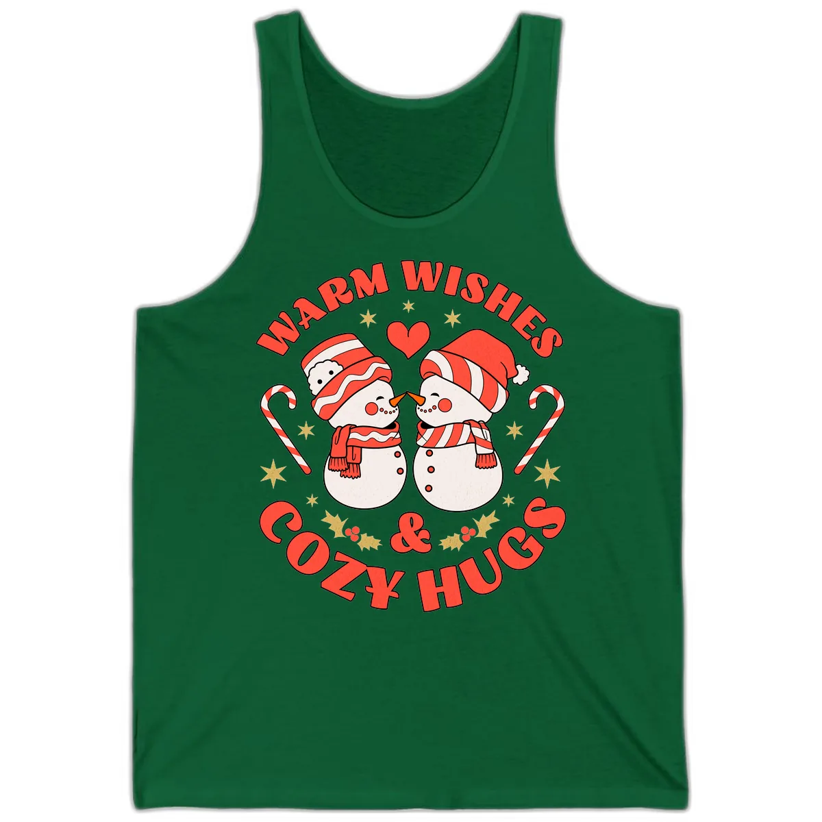 Snowmen Kissing Warm Wishes Cozy Hugs Tank in Kelly