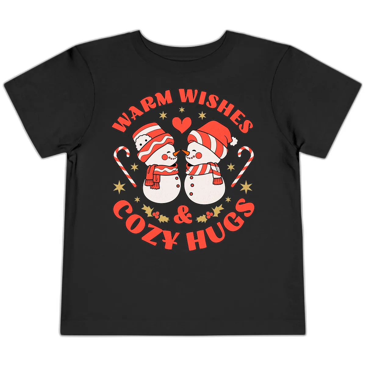 Snowmen Kissing Warm Wishes Cozy Hugs Toddler T-Shirt in Black