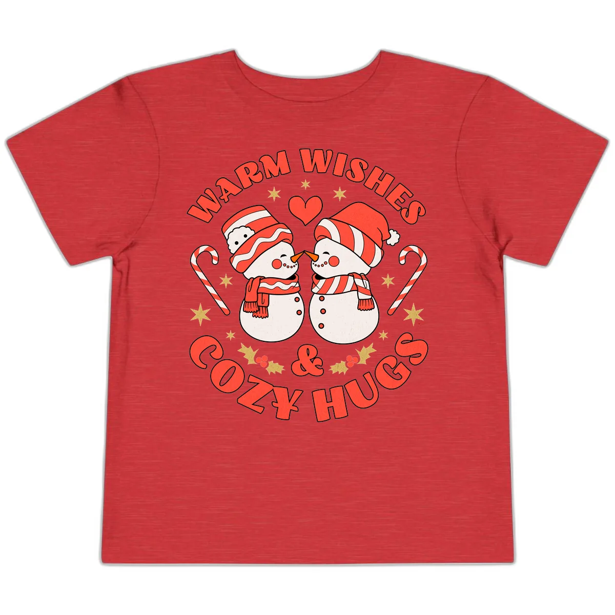 Snowmen Kissing Warm Wishes Cozy Hugs Toddler T-Shirt in Heather Red