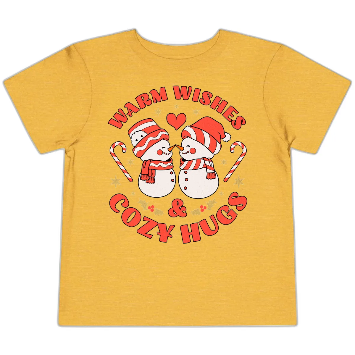 Snowmen Kissing Warm Wishes Cozy Hugs Toddler T-Shirt in Heather Yellow Gold