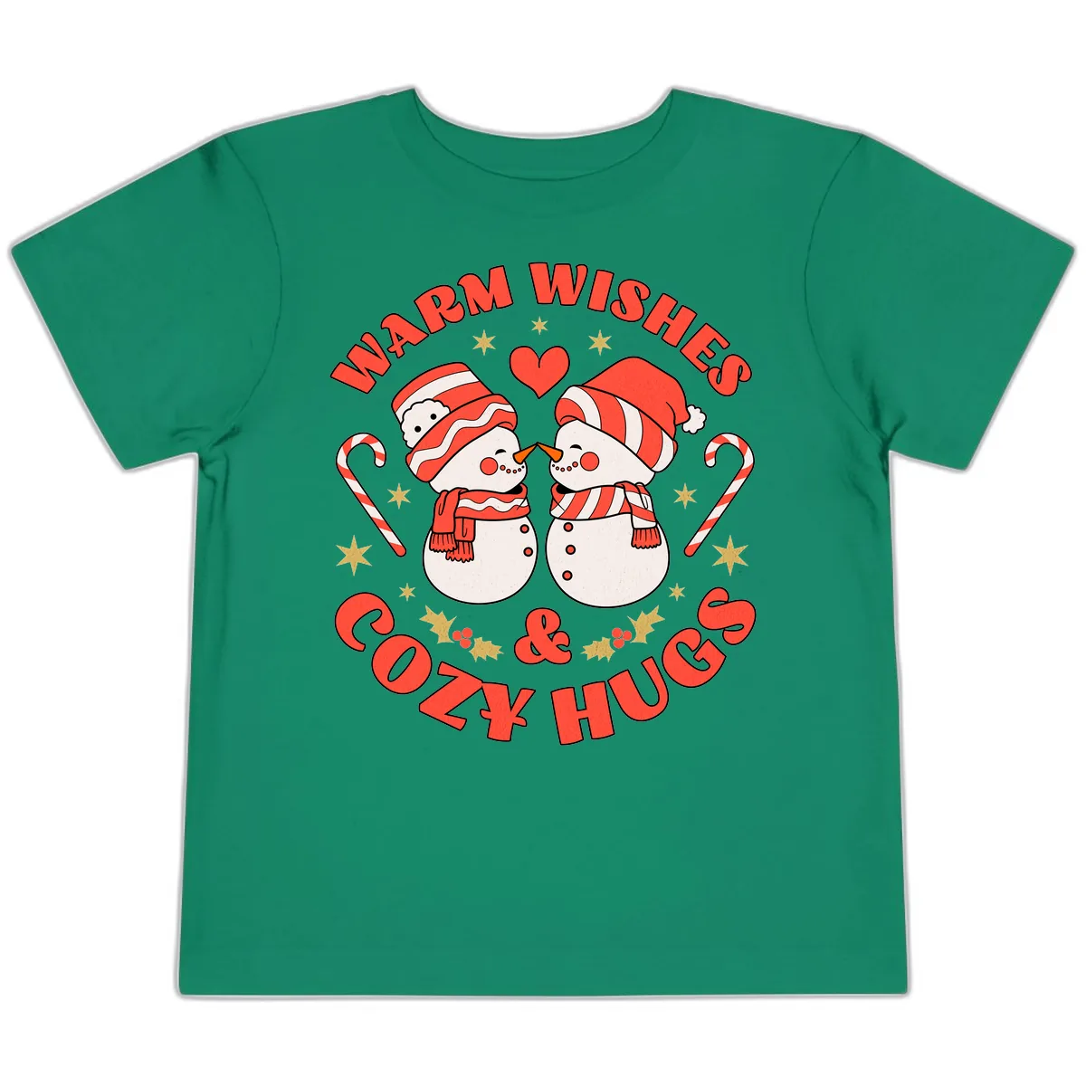 Snowmen Kissing Warm Wishes Cozy Hugs Toddler T-Shirt in Kelly
