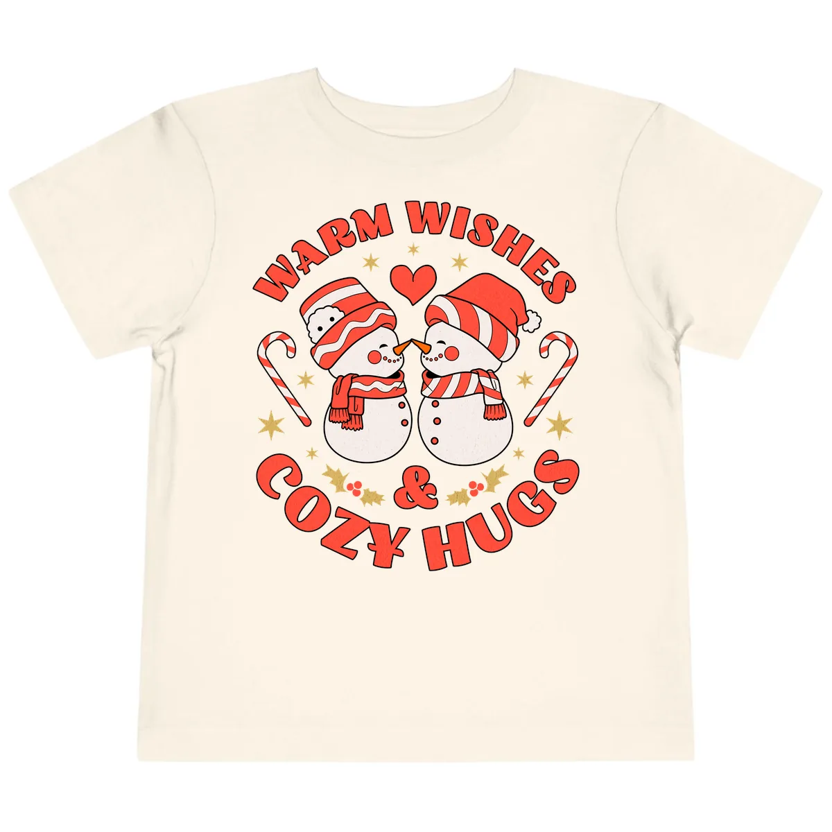 Snowmen Kissing Warm Wishes Cozy Hugs Toddler T-Shirt in Natural