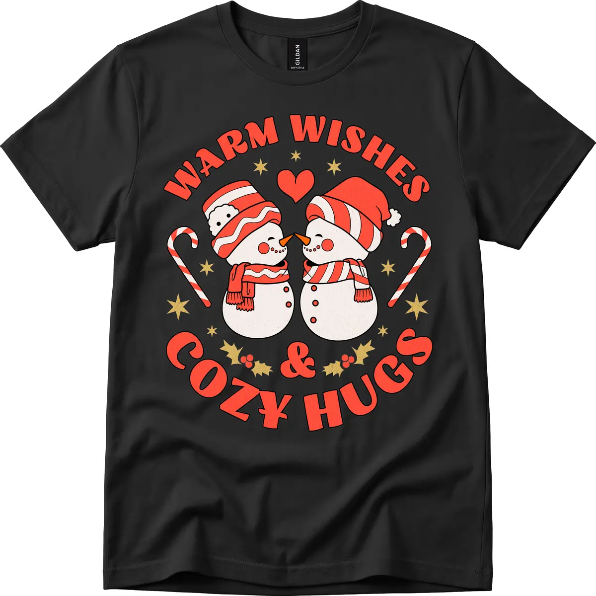 Snowmen Kissing Warm Wishes Cozy Hugs T-Shirt in Black
