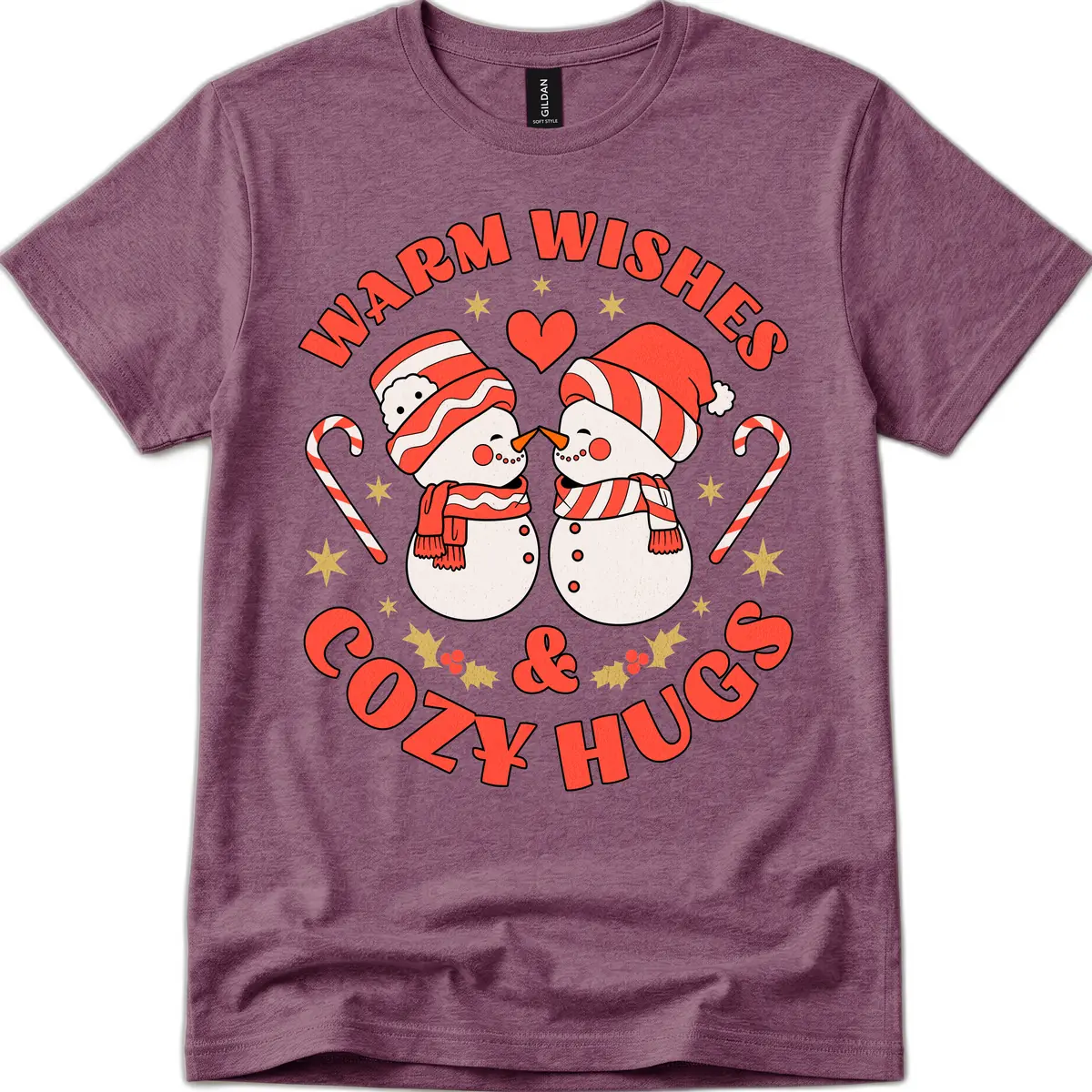 Snowmen Kissing Warm Wishes Cozy Hugs T-Shirt in Heather Maroon