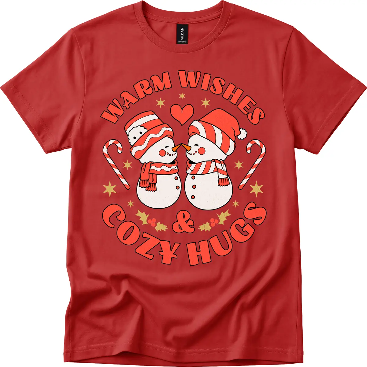 Snowmen Kissing Warm Wishes Cozy Hugs T-Shirt in Red