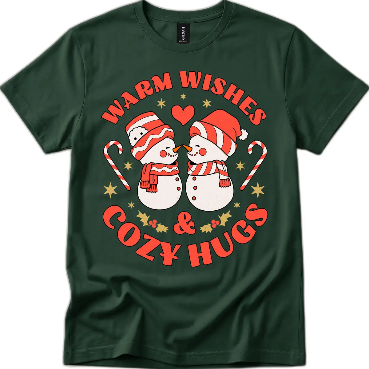 Snowmen Kissing Warm Wishes Cozy Hugs T-Shirt in Forest Green