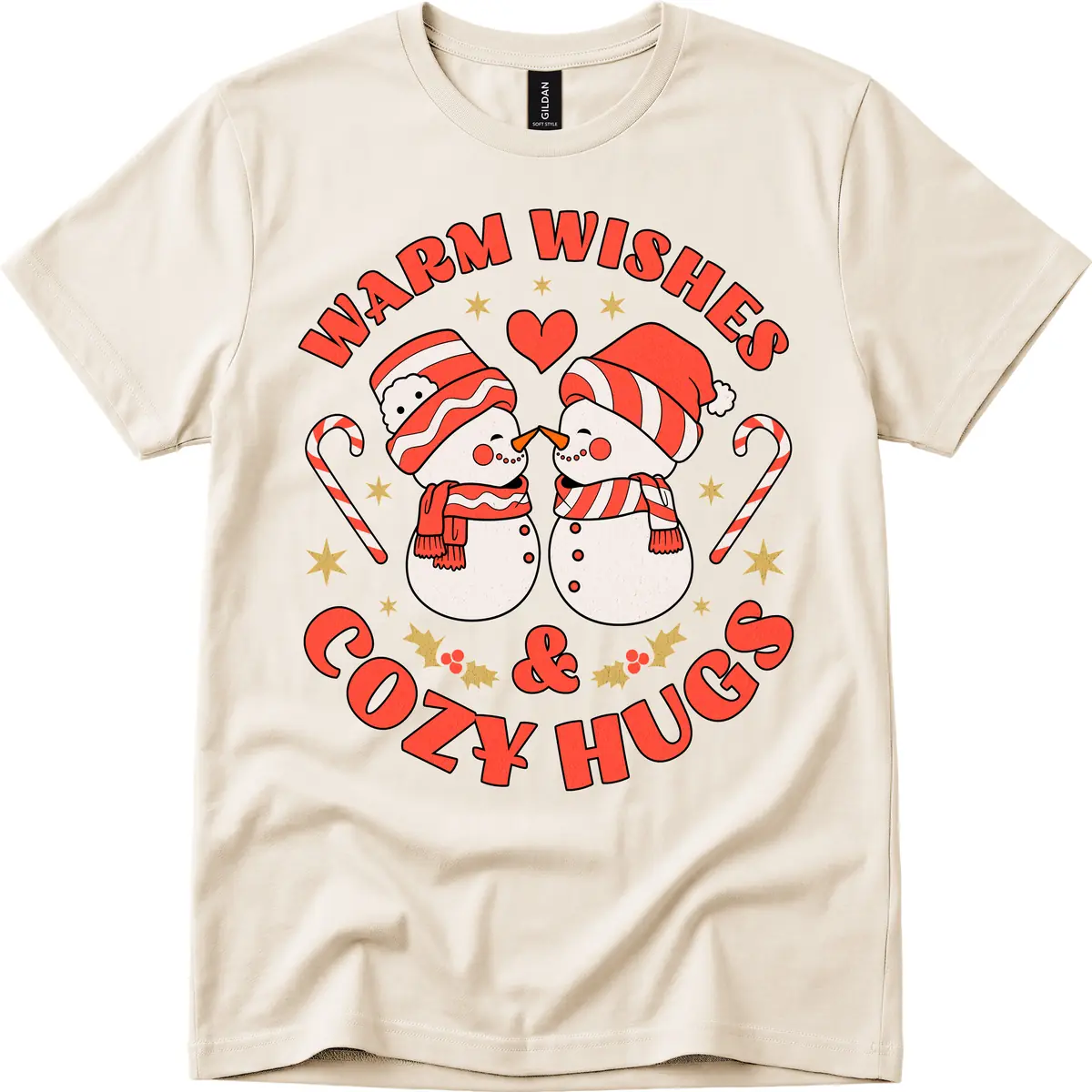 Snowmen Kissing Warm Wishes Cozy Hugs T-Shirt in Natural