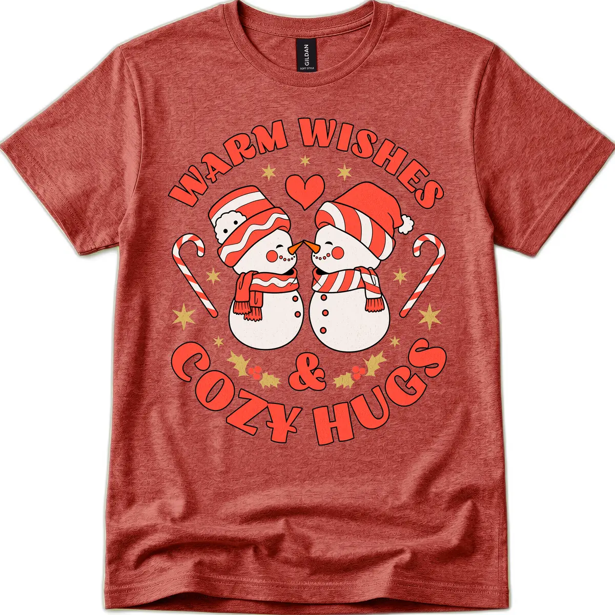 Snowmen Kissing Warm Wishes Cozy Hugs T-Shirt in Heather Cardinal