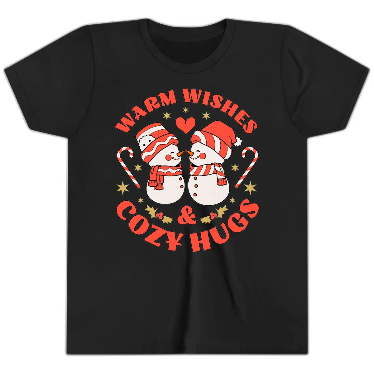 Snowmen Kissing Warm Wishes Cozy Hugs Youth T-Shirt in Black