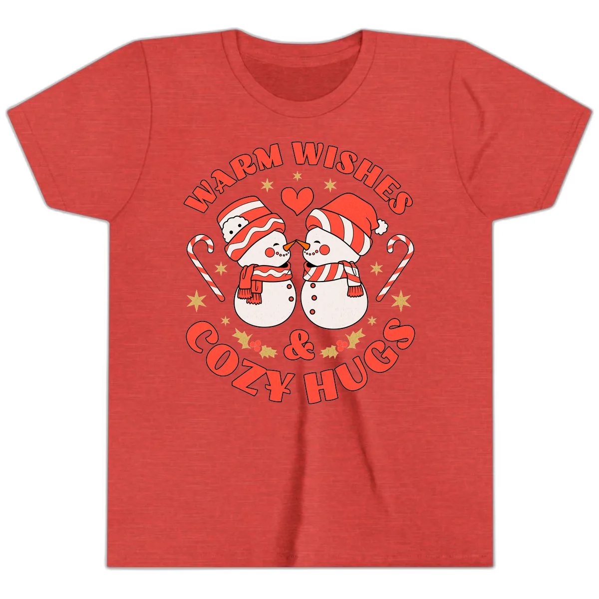 Snowmen Kissing Warm Wishes Cozy Hugs Youth T-Shirt in Heather Red