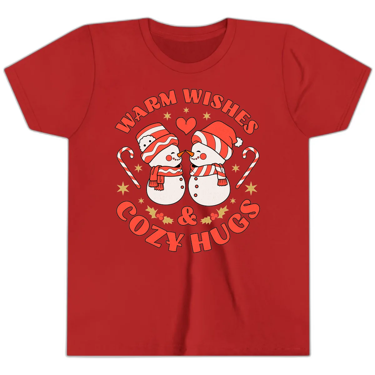 Snowmen Kissing Warm Wishes Cozy Hugs Youth T-Shirt in Red