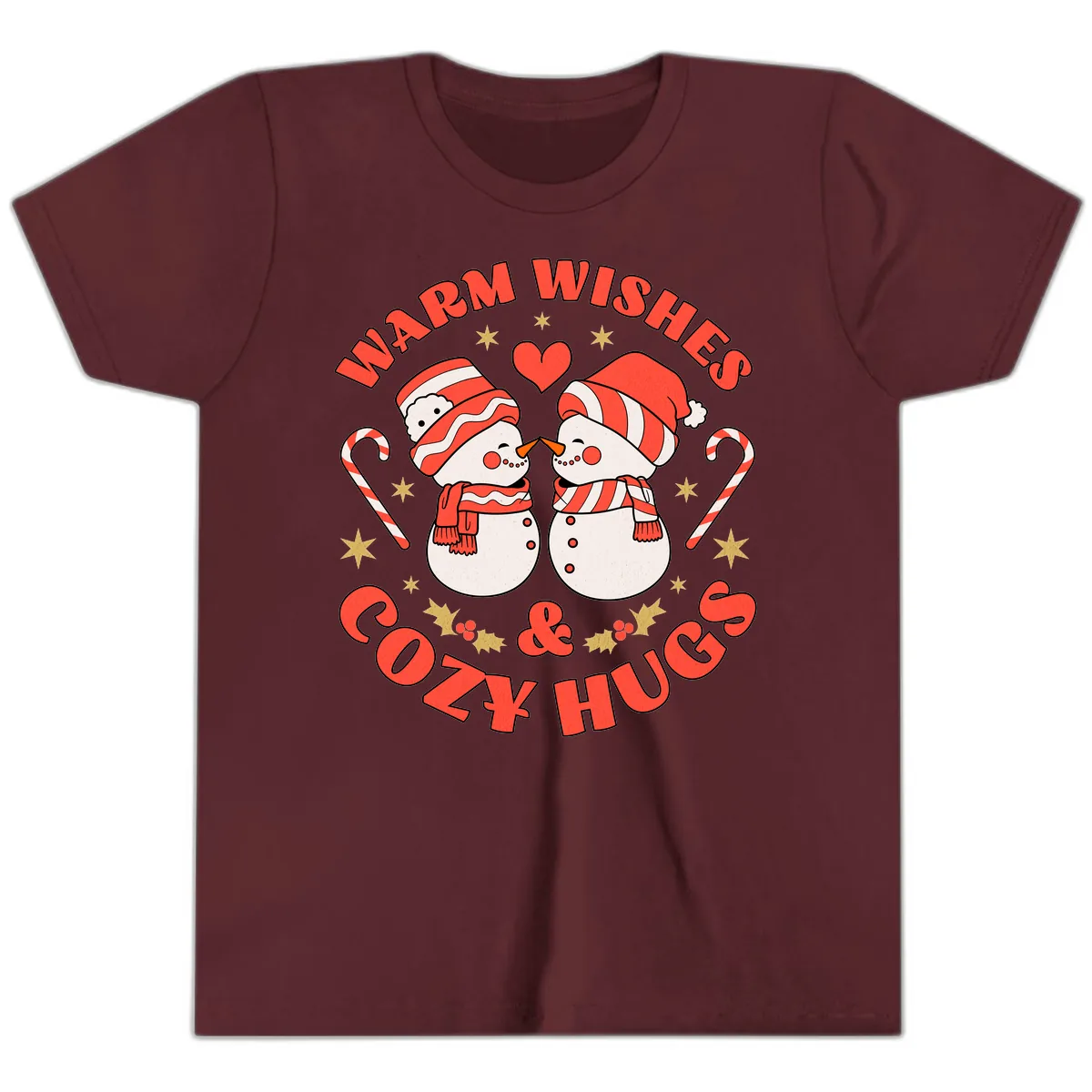 Snowmen Kissing Warm Wishes Cozy Hugs Youth T-Shirt in Maroon
