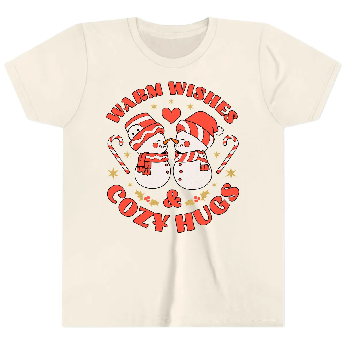 Snowmen Kissing Warm Wishes Cozy Hugs Youth T-Shirt in Natural