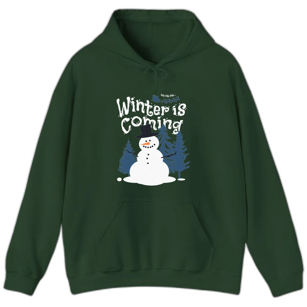 Winter Is Coming Snowman Holiday Hoodie in Forest Green