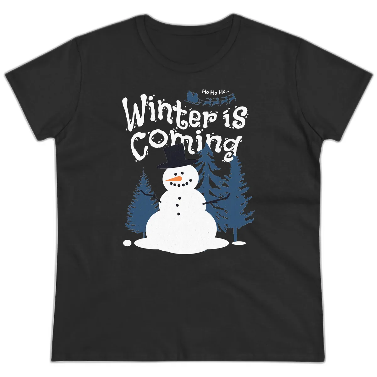 Winter Is Coming Snowman Holiday Ladies Tee in Black