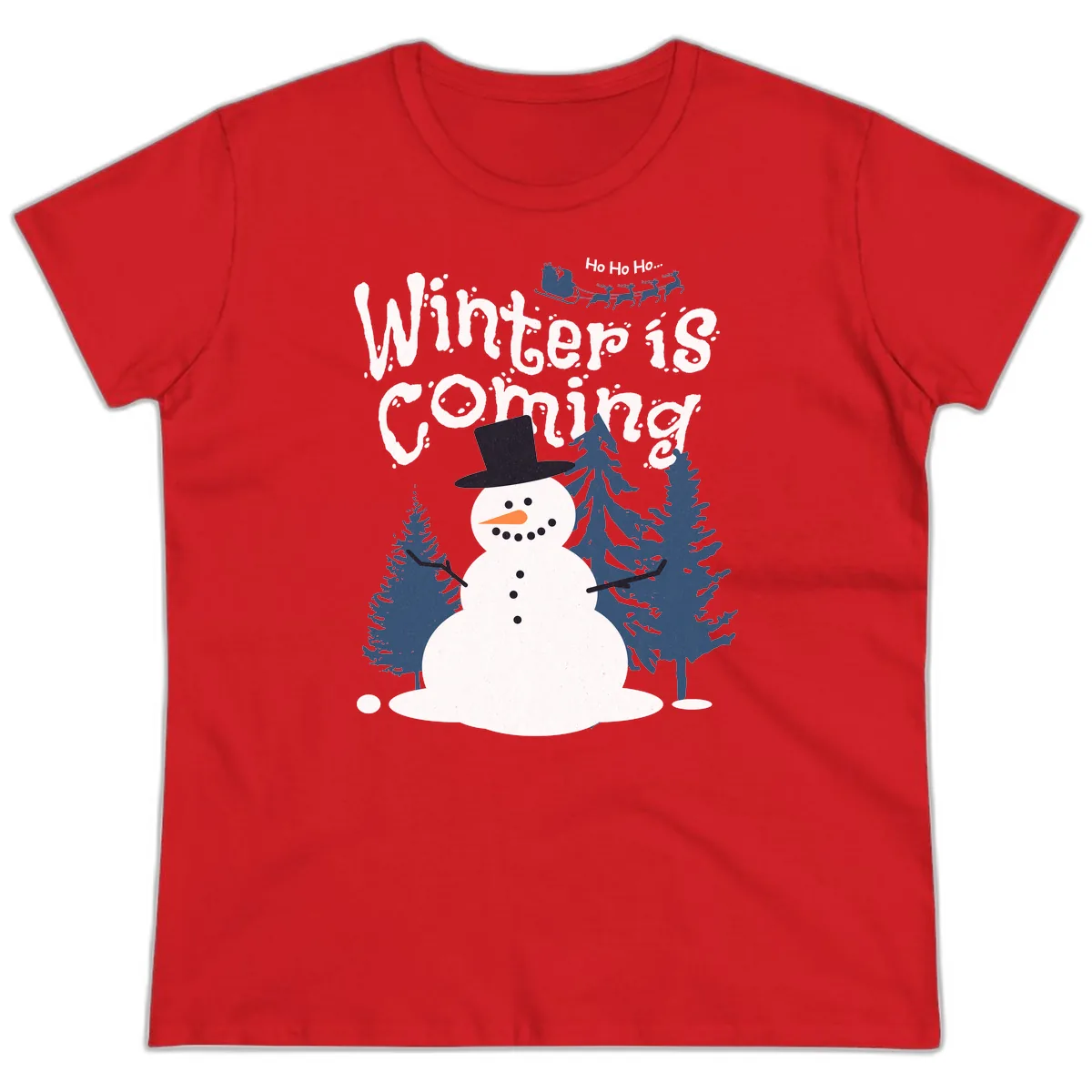Winter Is Coming Snowman Holiday Ladies Tee in Red