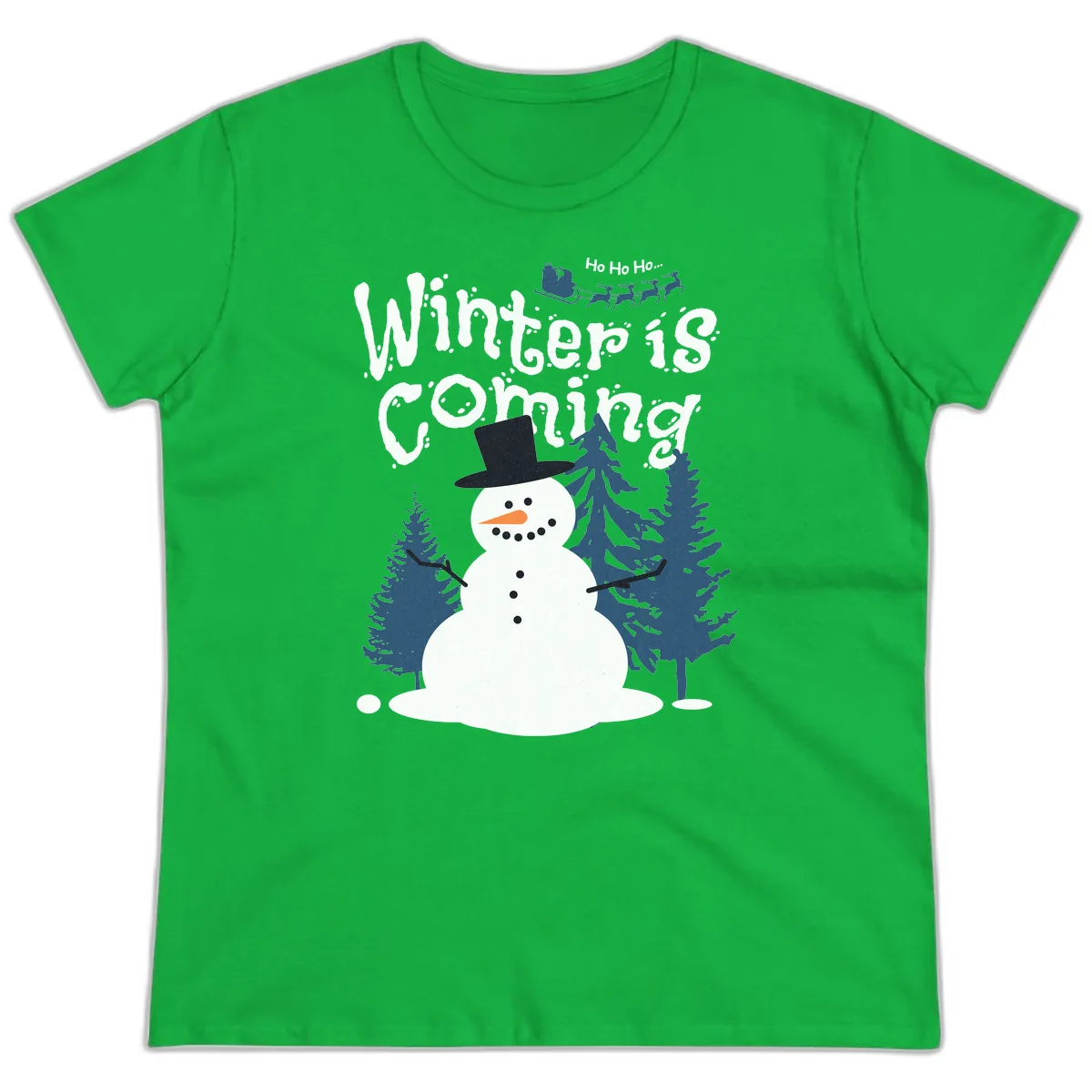 Winter Is Coming Snowman Holiday Ladies Tee in Irish Green