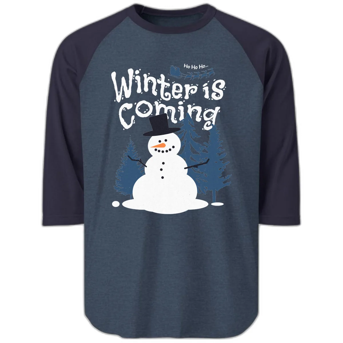 Winter Is Coming Snowman Holiday Raglan 3/4 in Heather Denim Navy