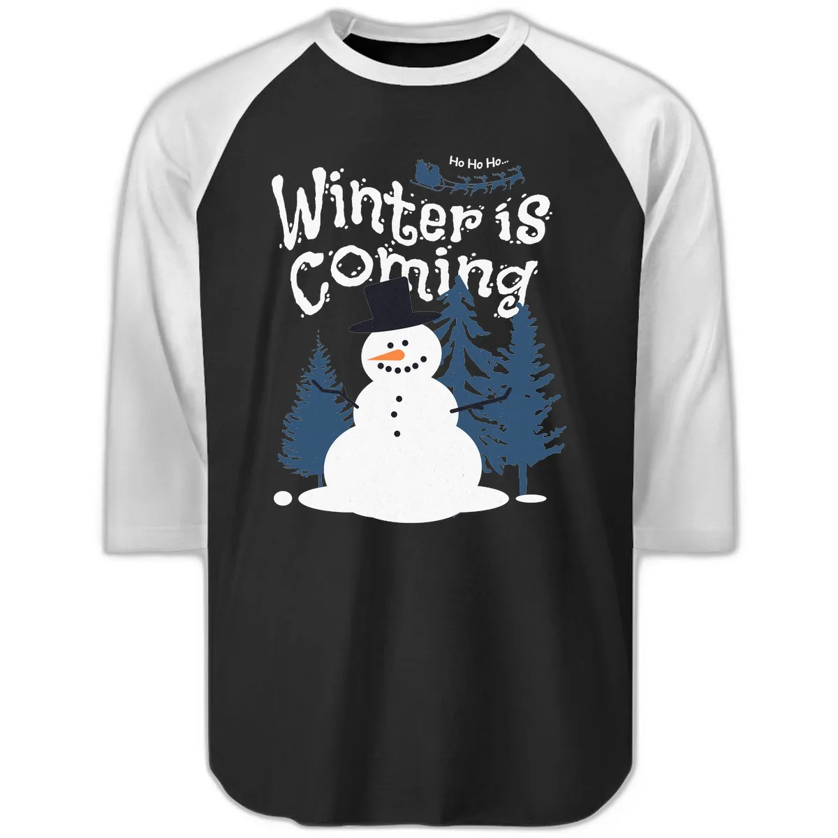 Winter Is Coming Snowman Holiday Raglan 3/4 in Black White