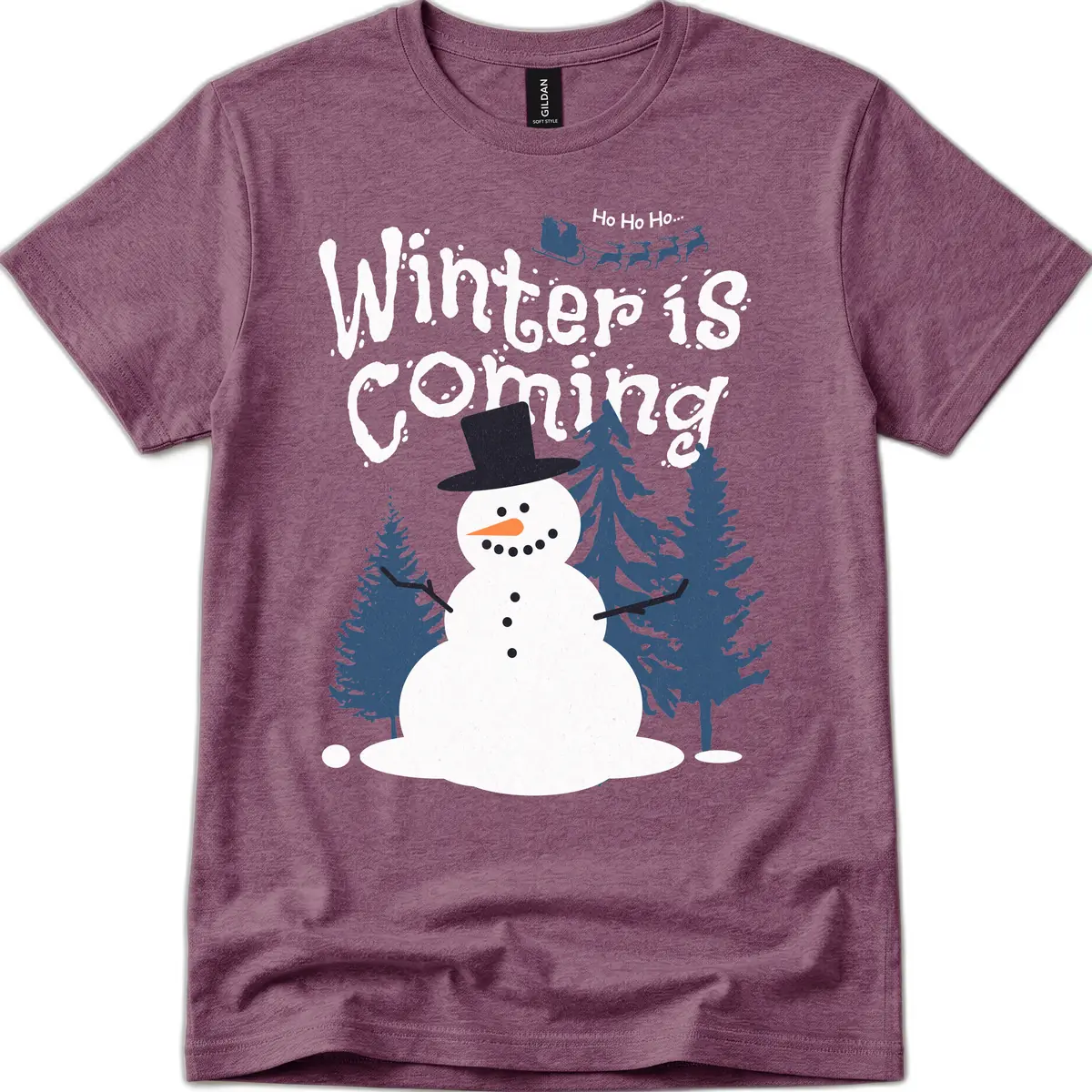 Winter Is Coming Snowman Holiday T-Shirt in Heather Maroon