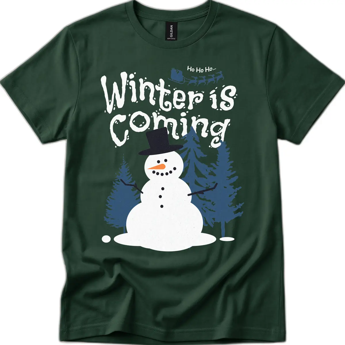 Winter Is Coming Snowman Holiday T-Shirt in Forest Green