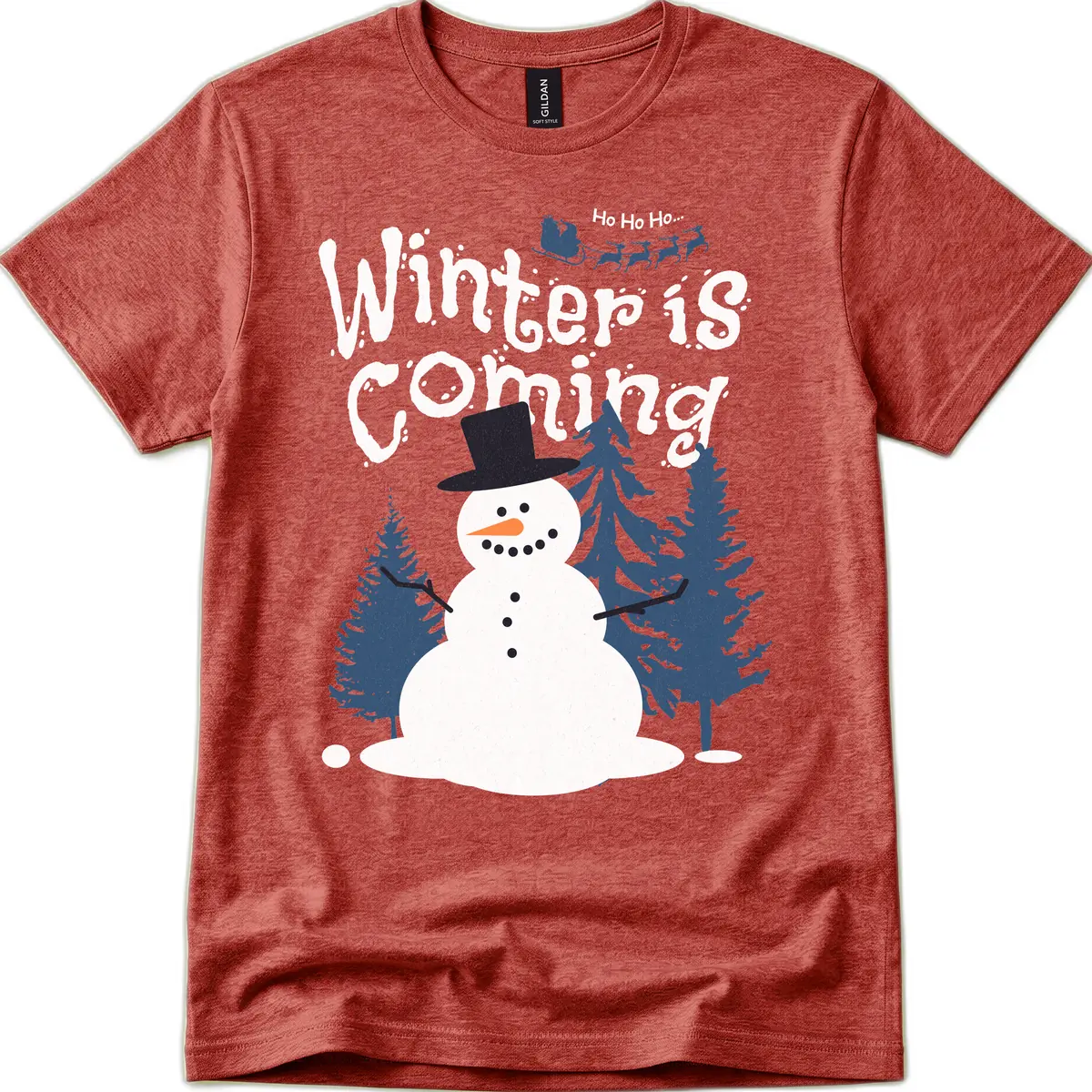 Winter Is Coming Snowman Holiday T-Shirt in Heather Cardinal
