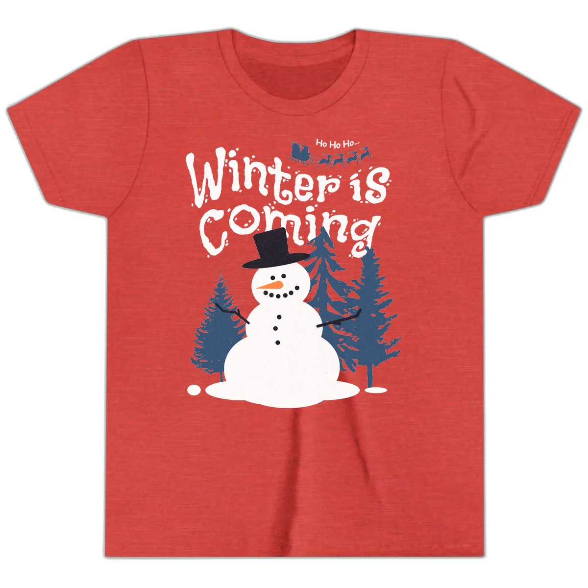 Winter Is Coming Snowman Holiday Youth T-Shirt in Heather Red