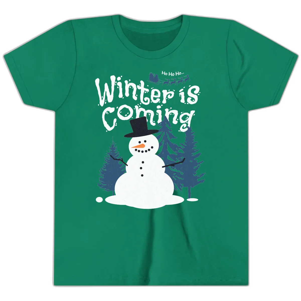 Winter Is Coming Snowman Holiday Youth T-Shirt in Kelly