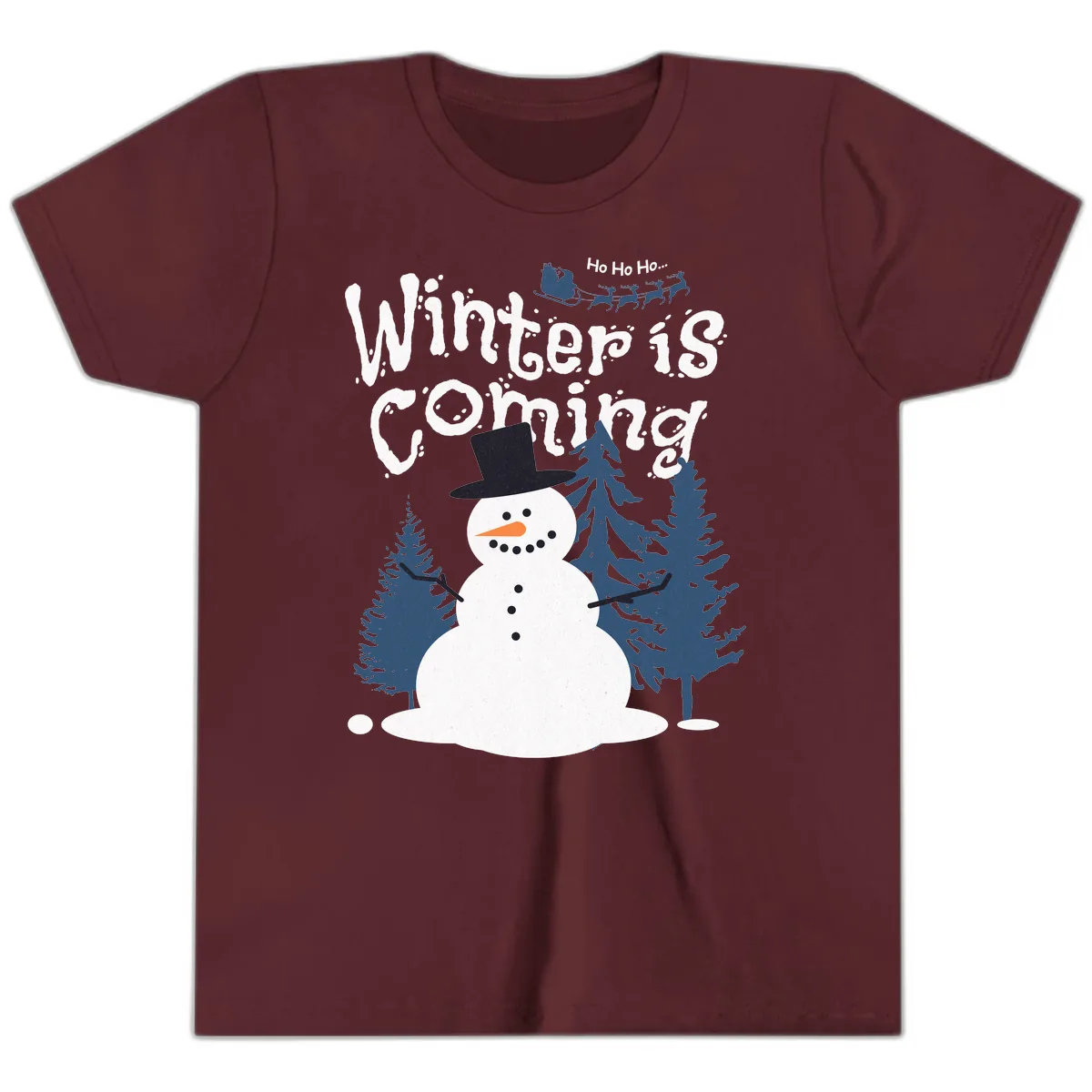 Winter Is Coming Snowman Holiday Youth T-Shirt in Maroon