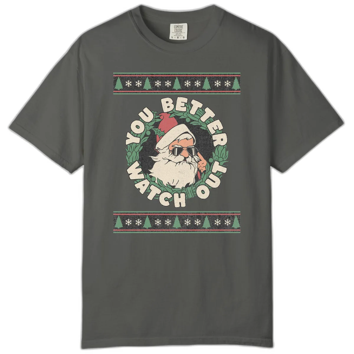 Santa's Watch Out Christmas Crewneck Comfort Color in Pepper
