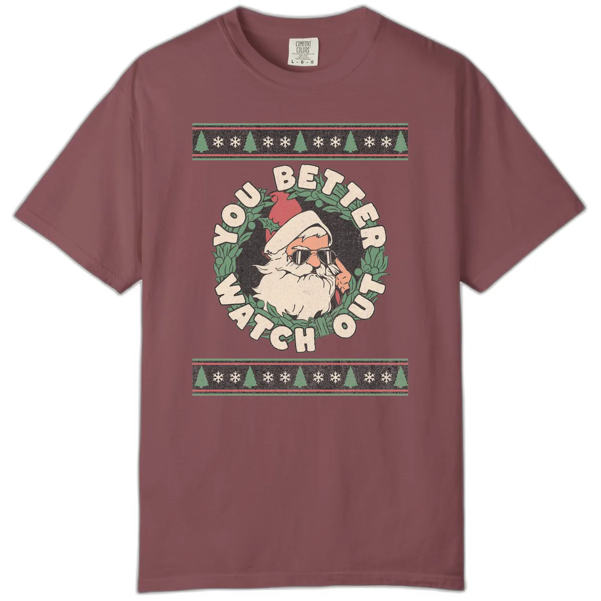 Santa's Watch Out Christmas Crewneck Comfort Color in Brick