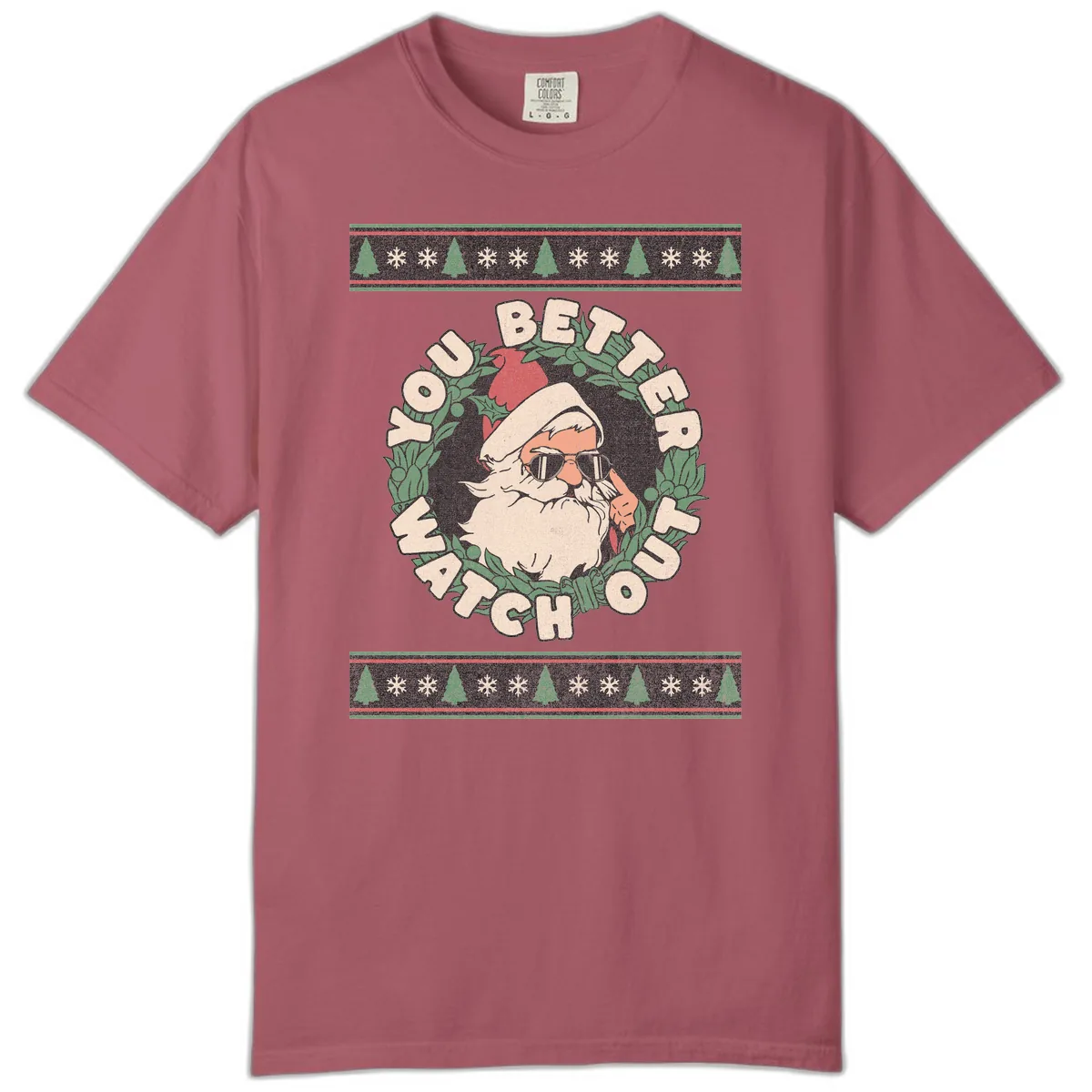 Santa's Watch Out Christmas Crewneck Comfort Color in Crimson