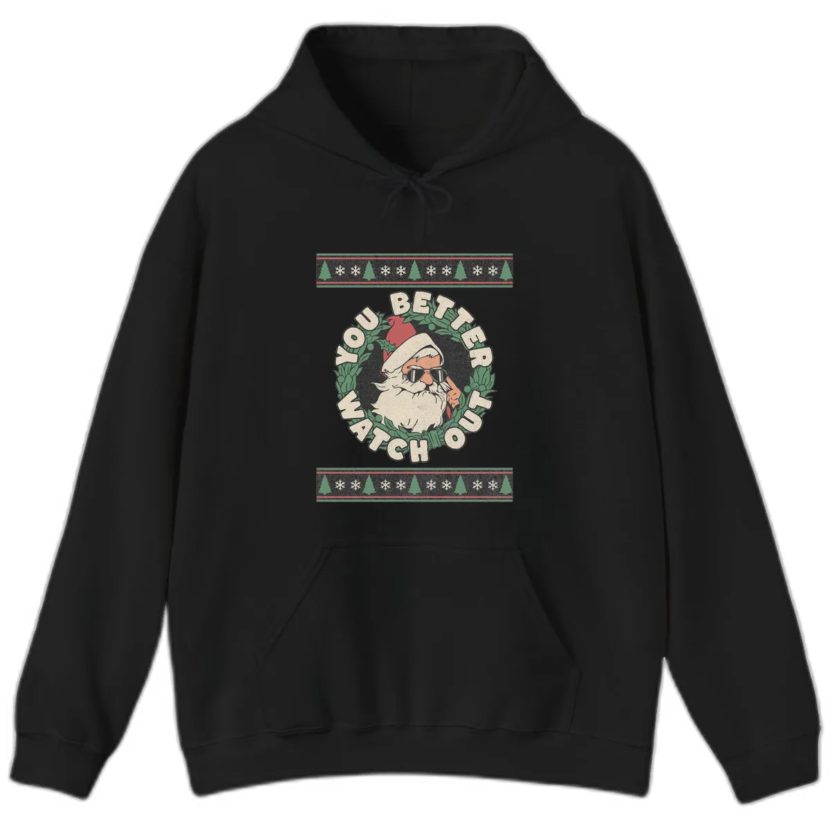 Santa's Watch Out Christmas Crewneck Hoodie in Black