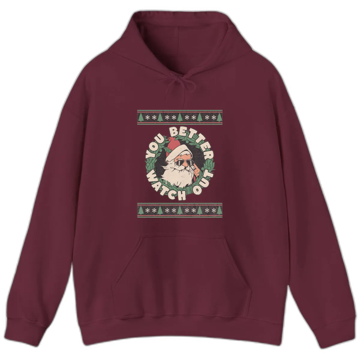 Santa's Watch Out Christmas Crewneck Hoodie in Maroon