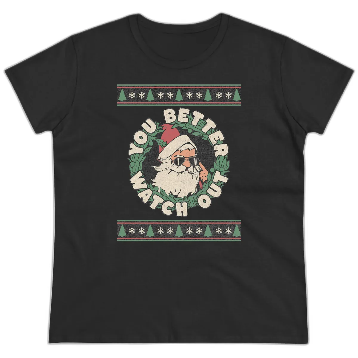 Santa's Watch Out Christmas Crewneck Ladies Tee in Black