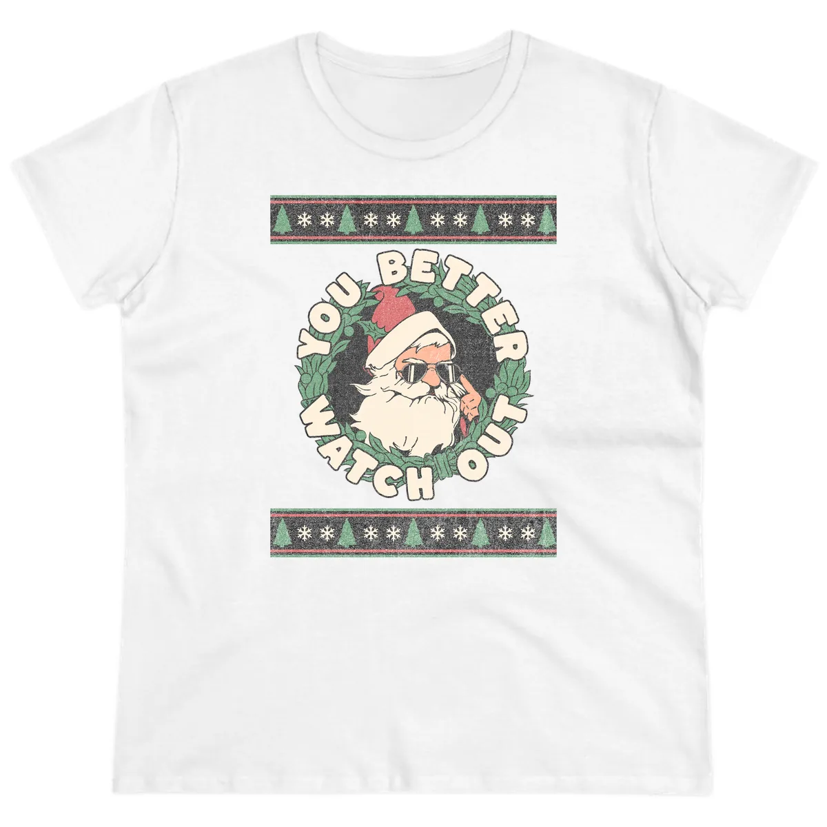 Santa's Watch Out Christmas Crewneck Ladies Tee in White