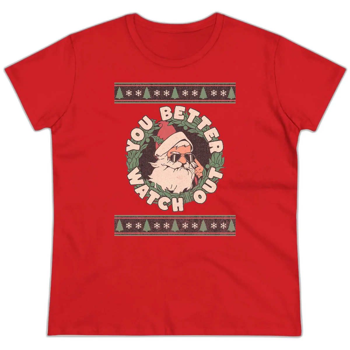 Santa's Watch Out Christmas Crewneck Ladies Tee in Red