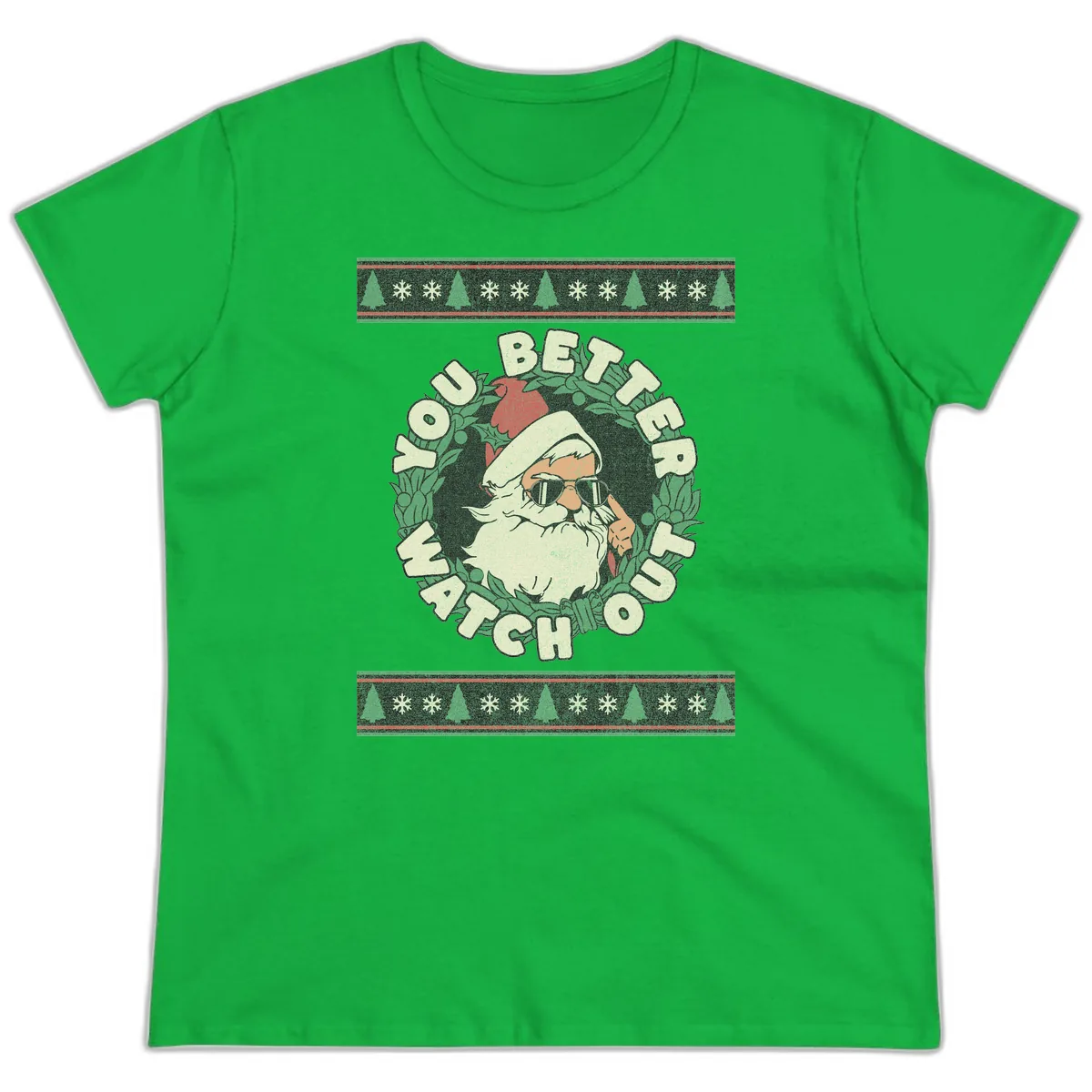Santa's Watch Out Christmas Crewneck Ladies Tee in Irish Green