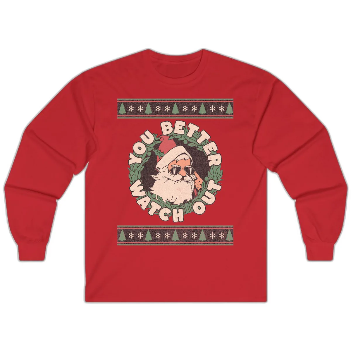 Santa's Watch Out Christmas Crewneck Long Sleeve in Red