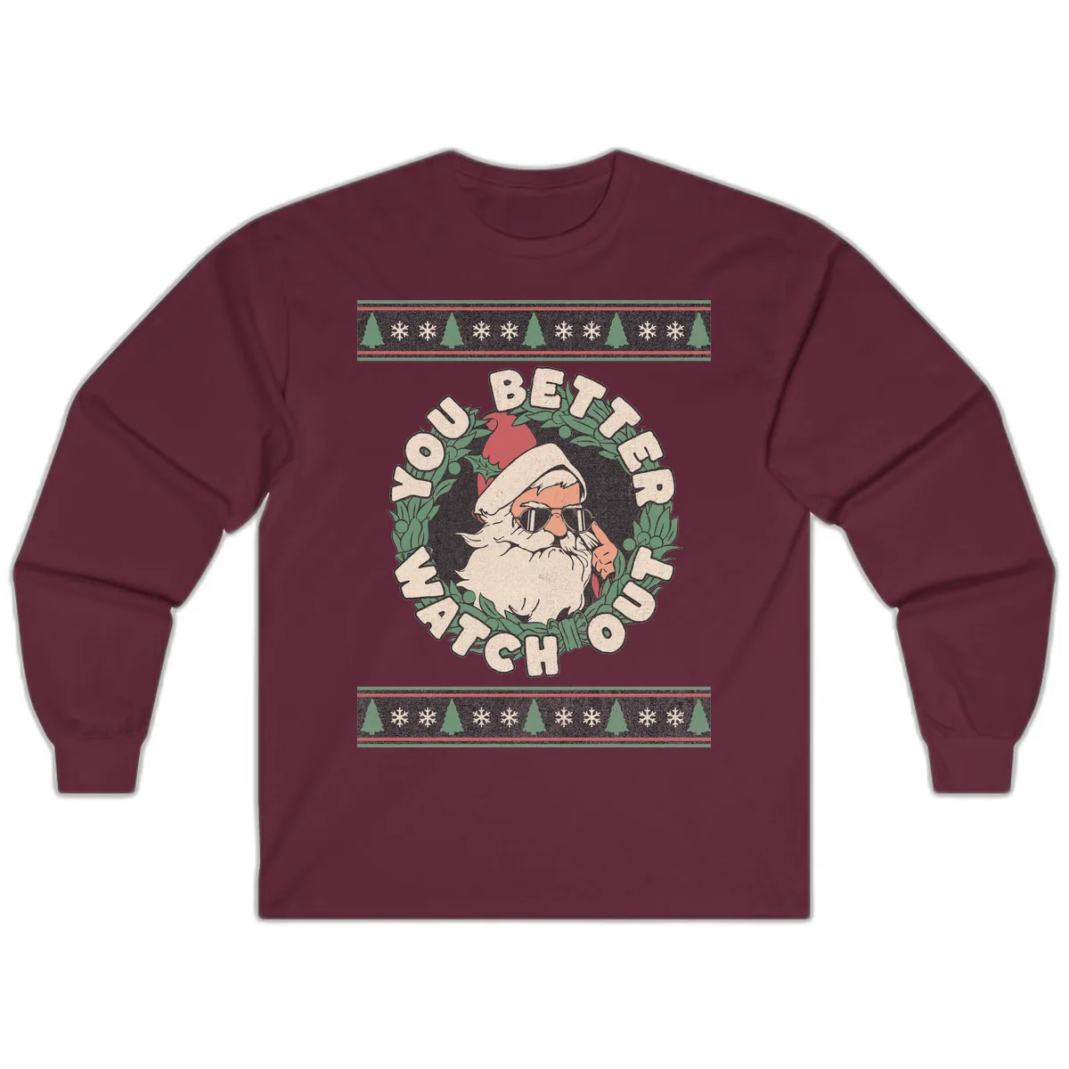 Santa's Watch Out Christmas Crewneck Long Sleeve in Maroon
