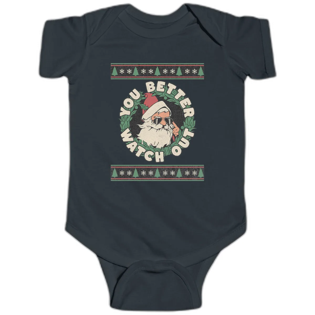 Santa's Watch Out Christmas Crewneck Baby Onesie in Black