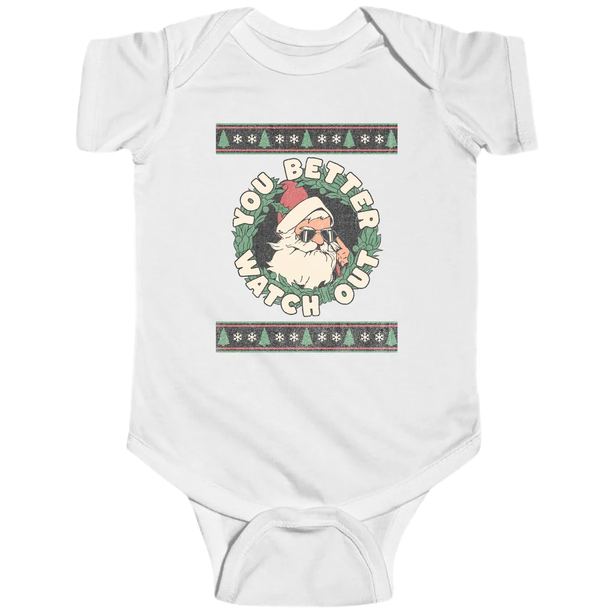 Santa's Watch Out Christmas Crewneck Baby Onesie in White
