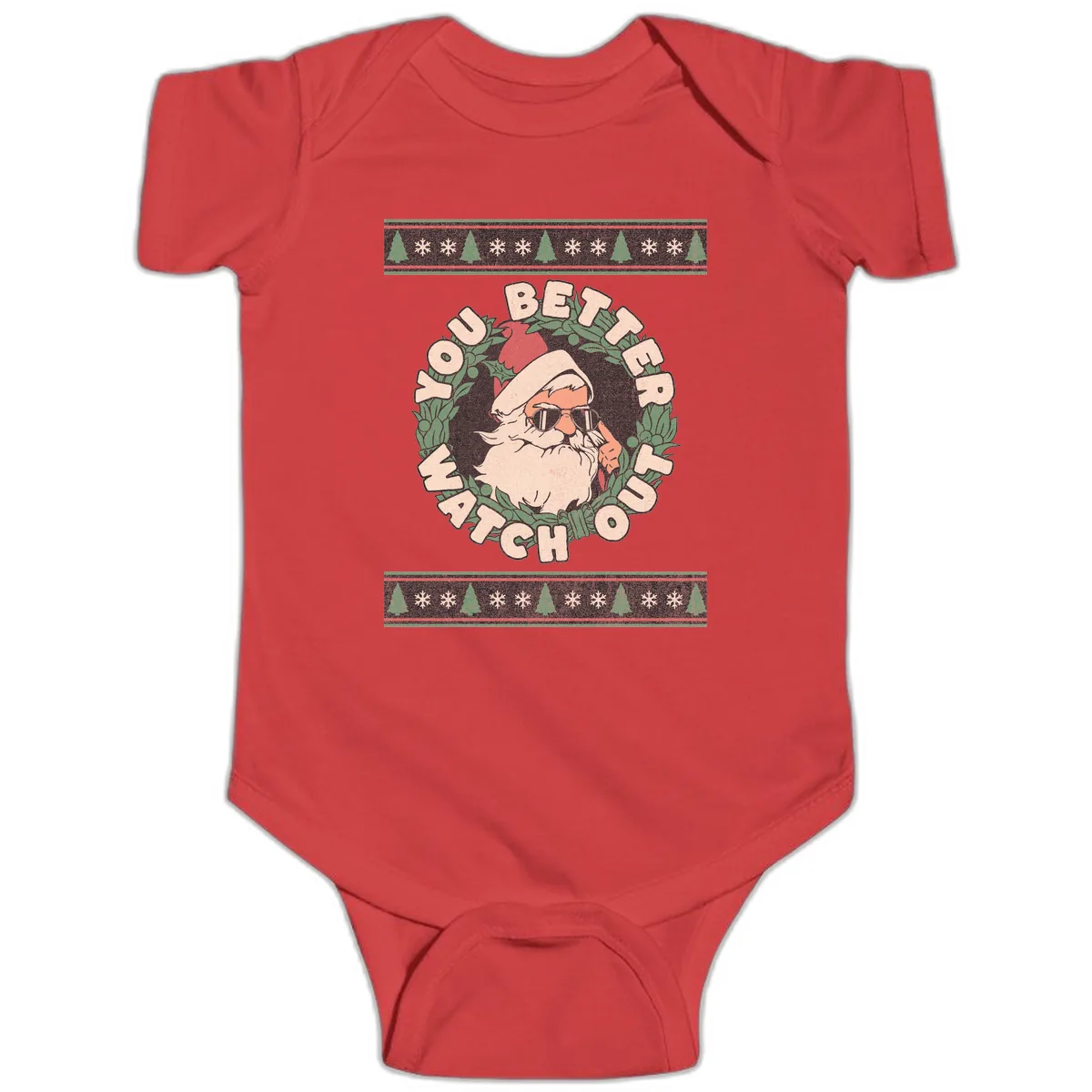 Santa's Watch Out Christmas Crewneck Baby Onesie in Red