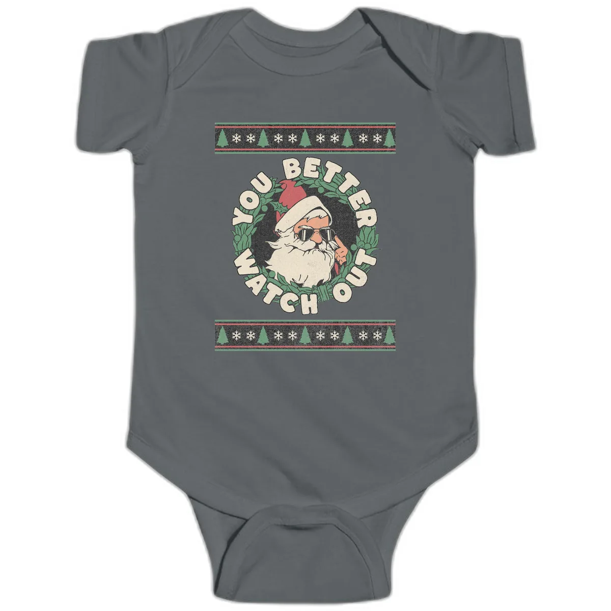 Santa's Watch Out Christmas Crewneck Baby Onesie in Charcoal