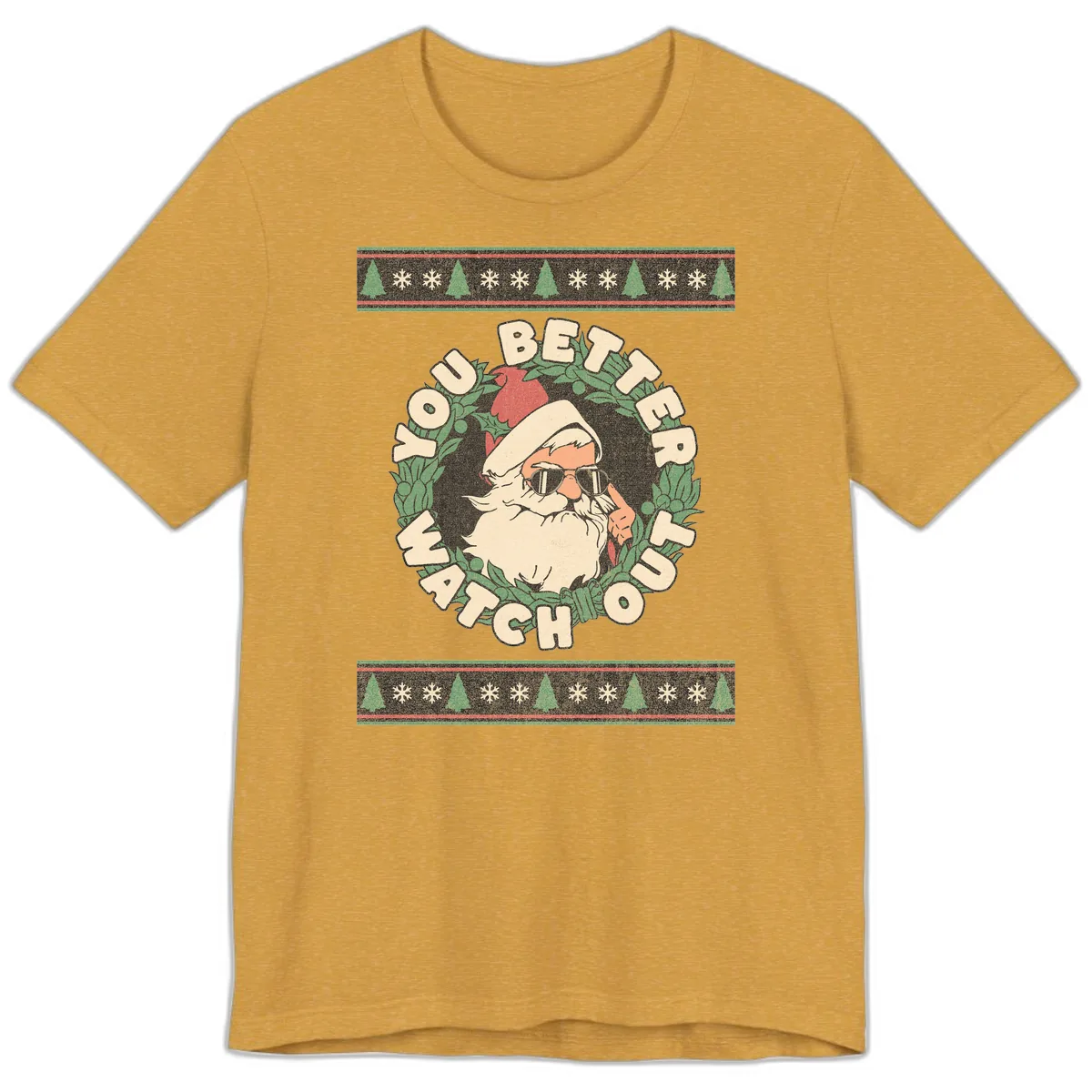 Santa's Watch Out Christmas Crewneck Premium T-Shirt in Heather Mustard