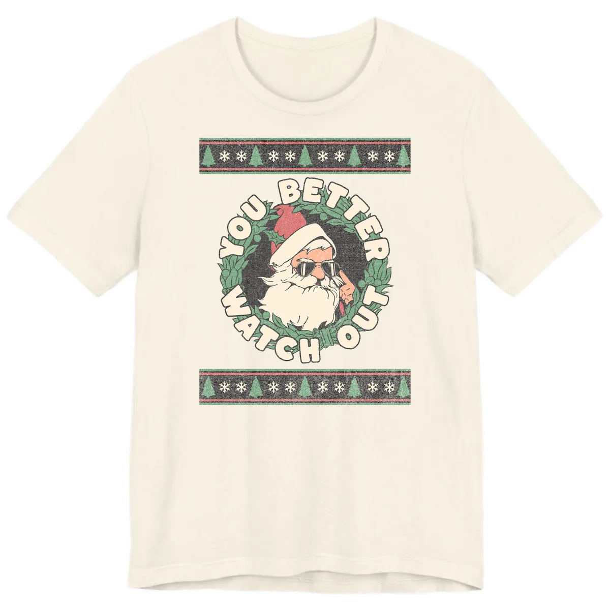 Santa's Watch Out Christmas Crewneck Premium T-Shirt in Natural